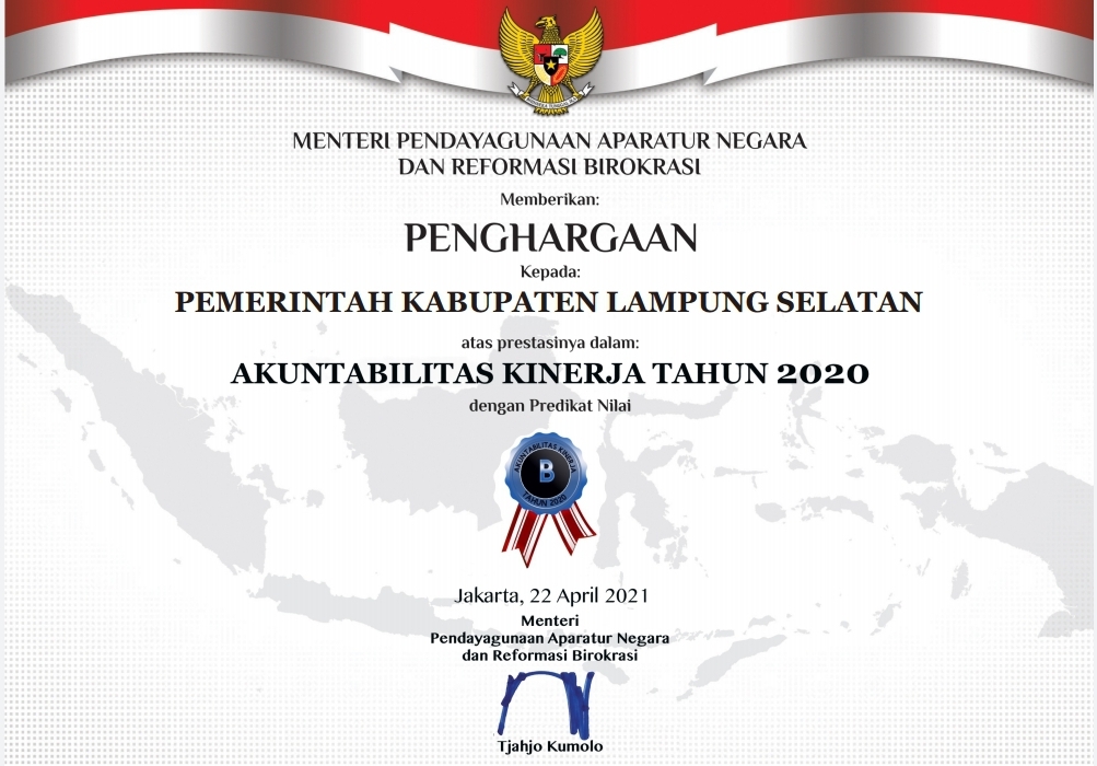 Penghargaan AKIP 2020, Pemkab Lampung Selatan Pertahankan Predikat B