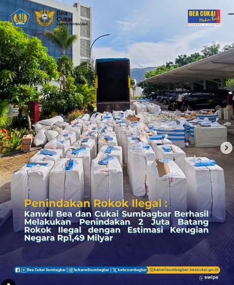 Kanwil Bea dan Cukai Sumbagbar Berhasil Melakukan Penindakan 2 Juta Batang Rokok Ilegal